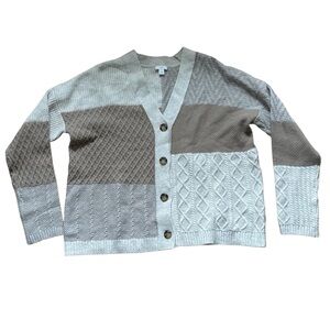 J. Jill Patchwork Cable-Knit Cardigan Sweater Womens Size Medium Neutral White